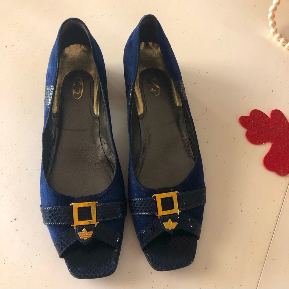 Blue Two tone Suede Patent Leather Shoes Block Thick Heel Peep Toe